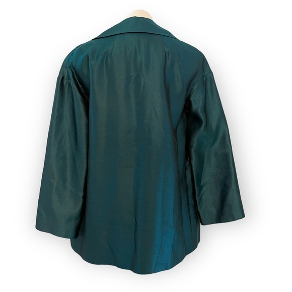 ST. JOHN COUTURE Sharkskin Silk Wool Blend Teal Open Front Jacket Blazer Size 8 - Picture 4 of 10